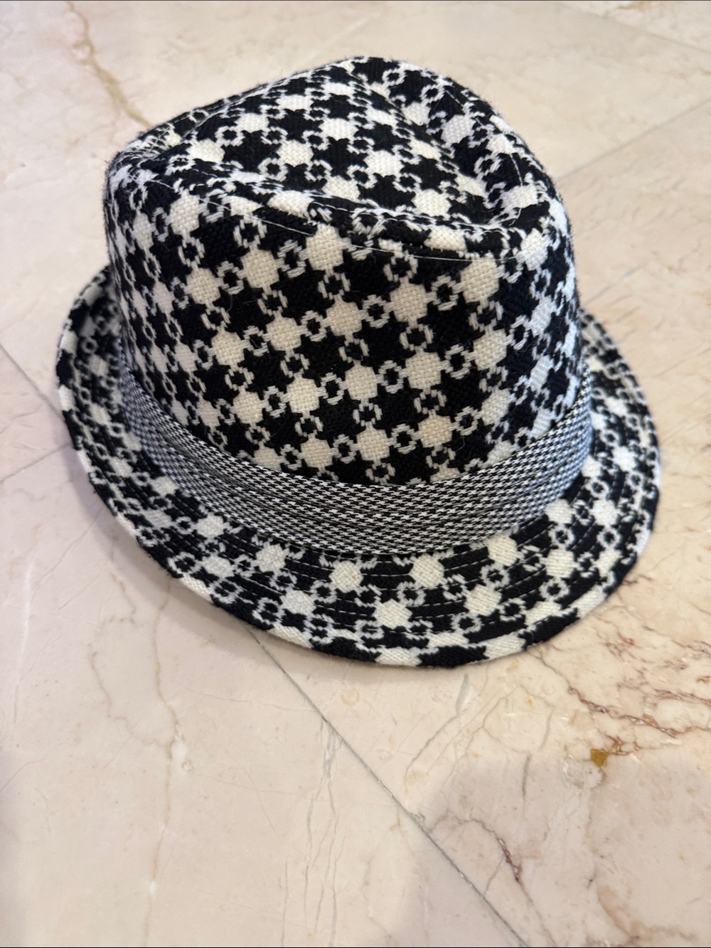 Women's Black & White Patterned Trilby Hat with Contrast Band NEVER WORN